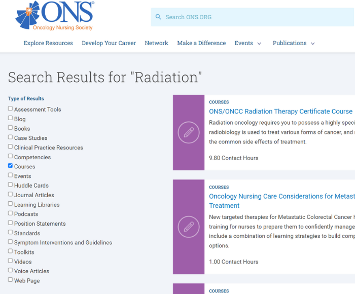 screenshot of ons.org search for "radiation" filtered by "courses"