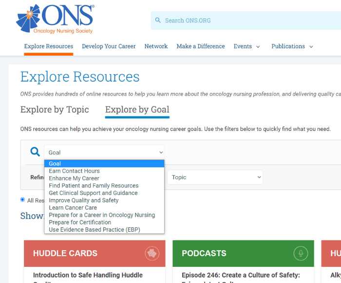 screenshot of explore resources search engine on ons.org, "explore by goal" focused