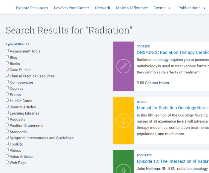 screenshot of ons.org search for "radiation", no result filters