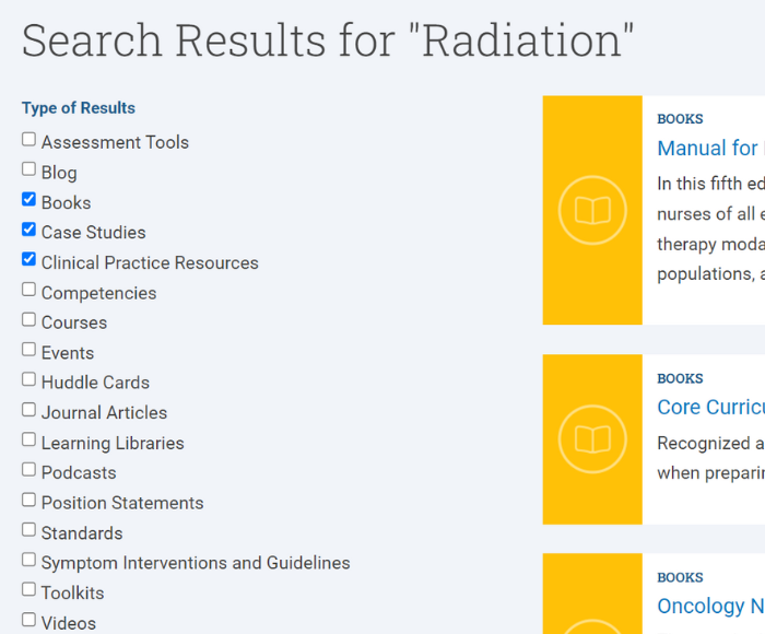 screenshot of ons.org search for "radiation" filtered by "books", "case studies", and "clinical practice resources"